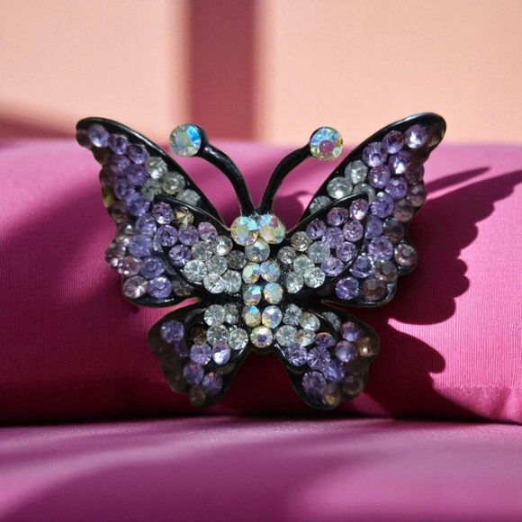 Purple Rhinestone Black Silver Tone Butterfly Ring Size 7 Adjustedble - Picture 16 of 17
